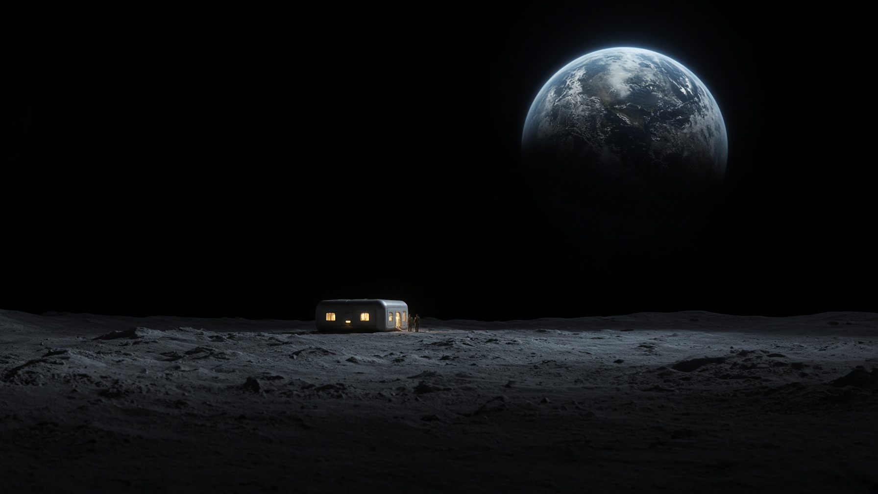 A small lit habitat on a dark lunar plain, two figures at the door, and Earth large in a black sky