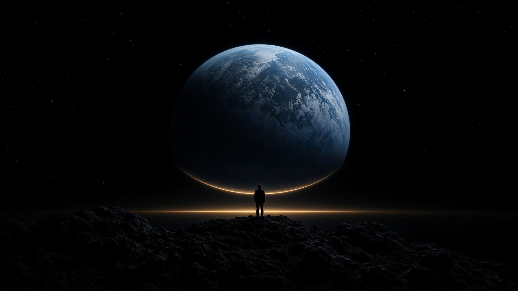 One person on a dark ridge, facing Earth, with a thin gold line at the horizon