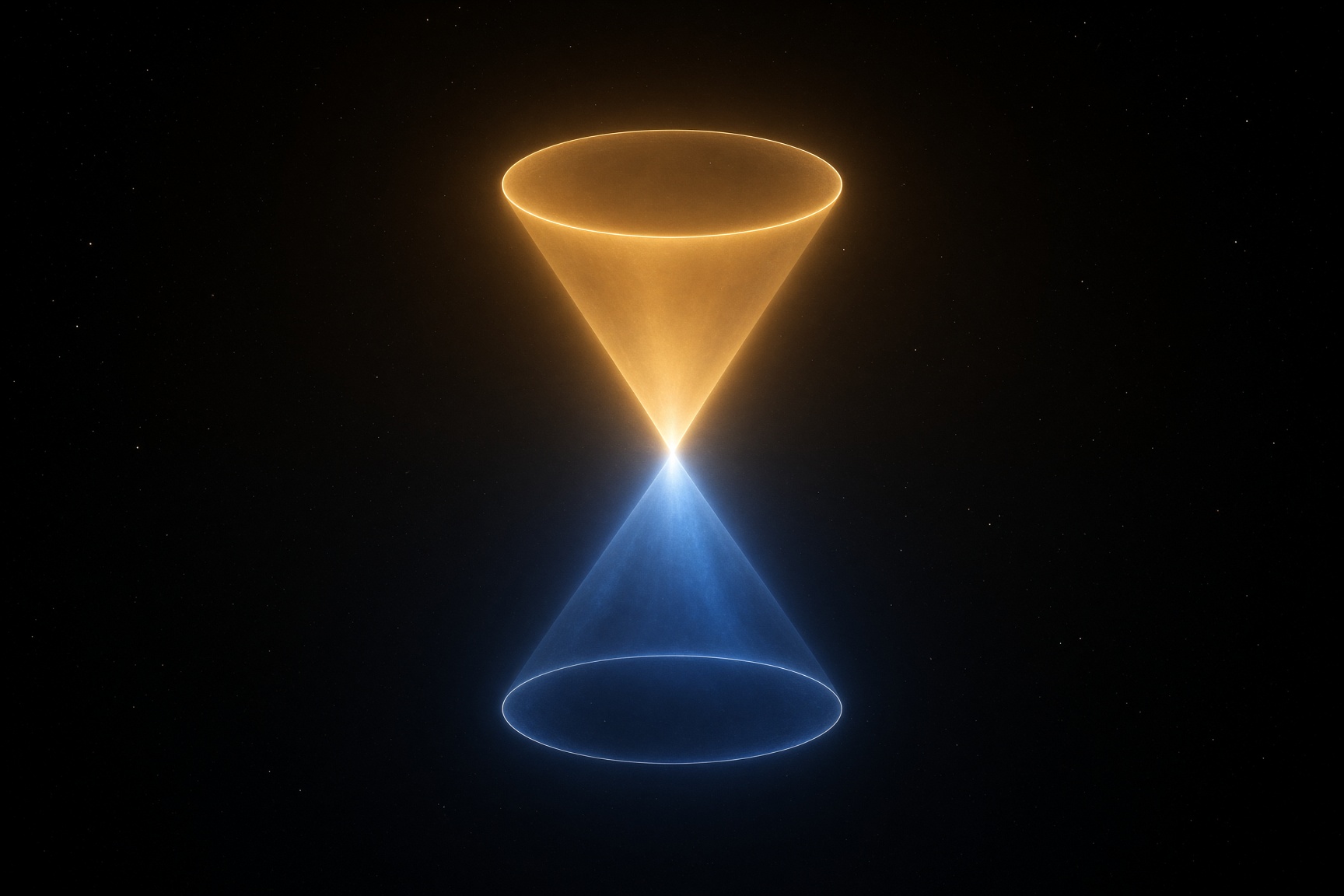 A double cone of light. The upper mouth is gold. The lower mouth is blue. They meet at one bright point.